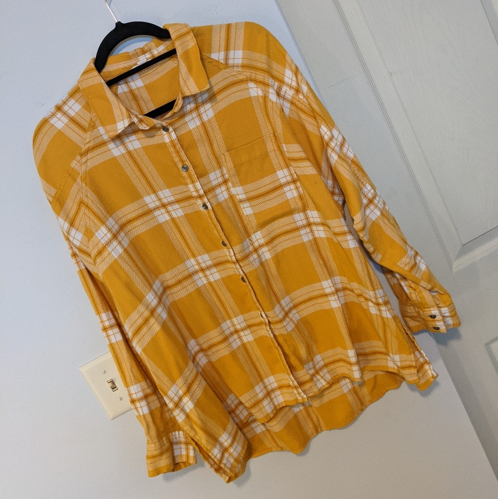Yellow Plaid Button-Up Flannel Shirt